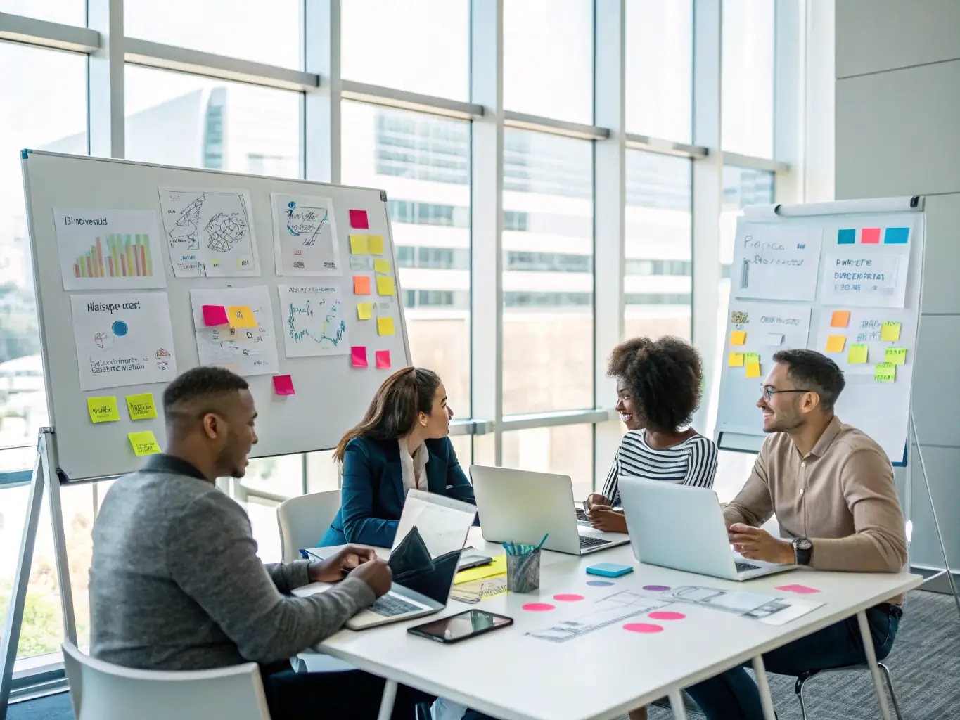 A diverse team of digital marketing experts collaborating in a modern office setting, brainstorming ideas and analyzing data on large monitors.