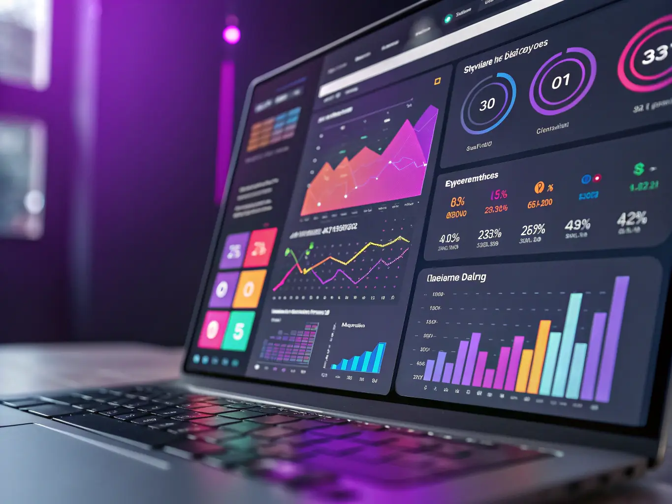 A graphic depicting various digital marketing tools and analytics dashboards, symbolizing MarketPro's comprehensive digital marketing solutions.